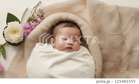 宣伝広告ポスター向き気持ちよさそうに眠る赤ちゃんの上半身写真 125465555
