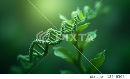 DNA strands emerge from verdant plant leaves DNA strands emerge from verdant plant leaves 125465684