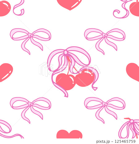 Coquette Cherry with Bows and Hearts Seamless Pattern. Cute Red berries with Pink ribbons and hearts on white background. Feminine Romantic art for Wedding celebration, party decoration, gift, present 125465759