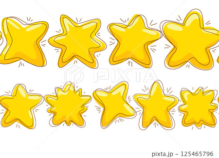 Vector set of seamless borders with various cartoon stars with scribble strokes. Magical horizontal frieze with yellow stars 125465796