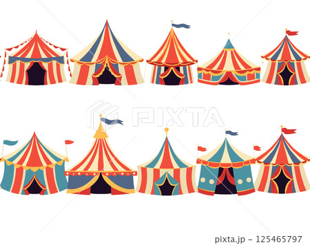 Vector horizontal seamless borders with circus vintage tents isolated from background. Festive frieze with colorful carnival marquees 125465797