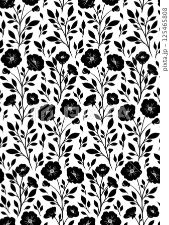 Vector rustic seamless pattern with black silhouette of flowers on white background. Monochrome tracery texture with wild flowers and leaves. Vector rustic seamless pattern with black silhouette of flowers on white background. Monochrome tracery texture with wild flowers and leaves. 125465808