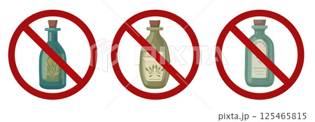 Vector set of prohibition signs with bottles of elixirs. Collection of forbidden stickers with bottles of natural aroma oils. Allergy danger. Vector set of prohibition signs with bottles of elixirs. Collection of forbidden stickers with bottles of natural aroma oils. Allergy danger. 125465815