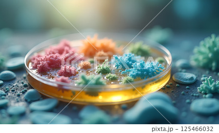 Colorful colonies culture in Petri dish close up Colorful colonies culture in Petri dish close up 125466032