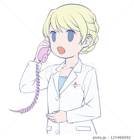 受話器を持って話す金髪の女性薬剤師・笑顔 受話器を持って話す金髪の女性薬剤師・笑顔 125466092