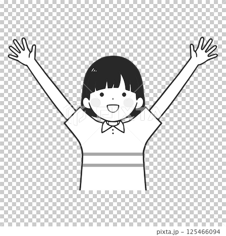 バンザイする若い女性のモノクロイラスト(上半身) 125466094