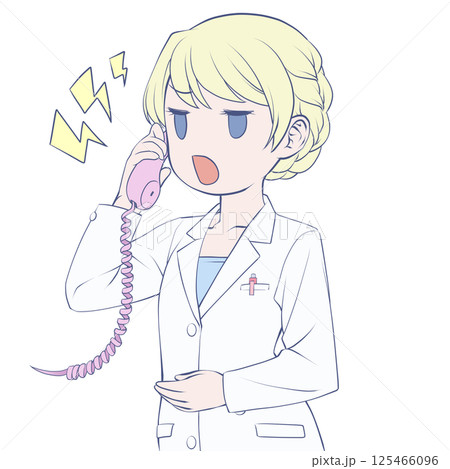 受話器を持って話す金髪の女性薬剤師・怒り 受話器を持って話す金髪の女性薬剤師・怒り 125466096