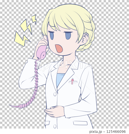 受話器を持って話す金髪の女性薬剤師・怒り 受話器を持って話す金髪の女性薬剤師・怒り 125466096