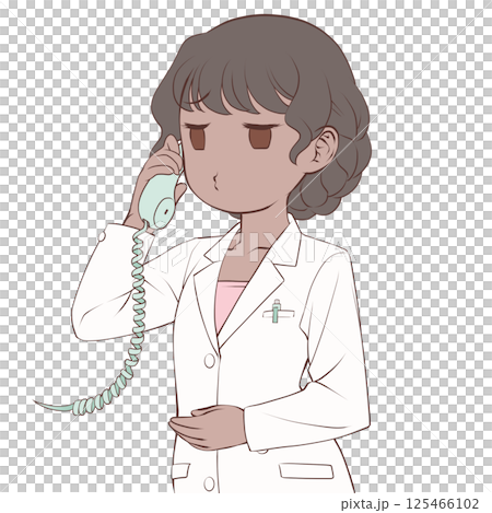 A dark-skinned female pharmacist talking on the phone, pouting A dark-skinned female pharmacist talking on the phone, pouting 125466102