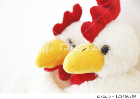 白い背景度撮った番の鶏のぬいぐるみ 125466204