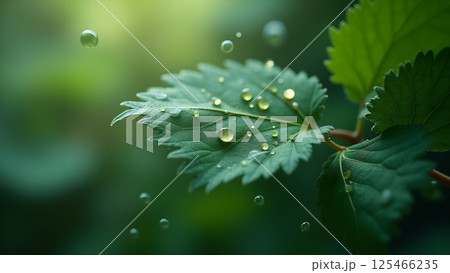 Leaf Adorned with Water Droplets Macro Shot 125466235