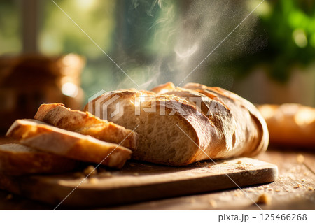 Freshly sliced artisan bread with melting butter, captured in a cozy, rustic setting. 125466268