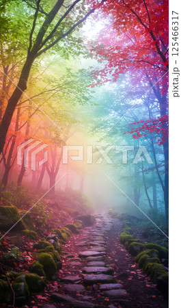 Dreamy forest trees colored in misty ethereal landscape 125466317