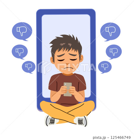 Sad Teenager with Thumbs Down Balloons Cyberbullying Concept 125466749
