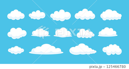 かわいい雲のイラストセット、青い背景に白い雲の形 125466780