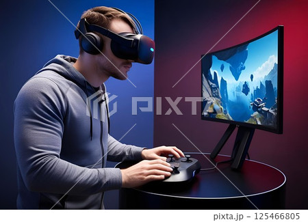 モニターの前でVRヘッドセットを装着してゲームをする男性 125466805