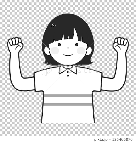 ガッツポーズする若い女性のモノクロイラスト(上半身) ガッツポーズする若い女性のモノクロイラスト(上半身) 125466870