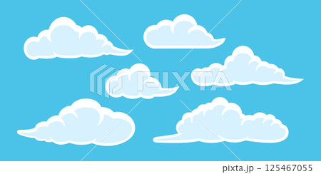 かわいい雲のイラストセット、青い背景に白い雲の形 125467055
