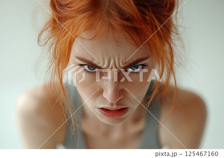 Intense expression of a young woman with red hair in a serious pose indoors during the afternoon 125467160