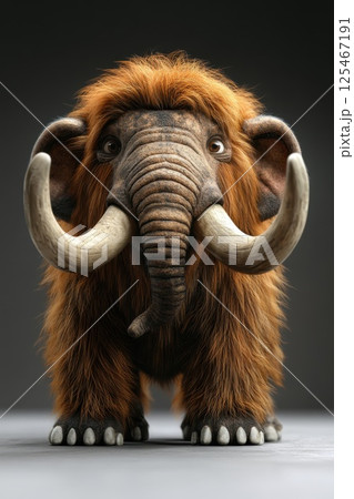 Mammoth with shaggy fur and large tusks standing on a smooth surface against a dark background during a creative art session 125467191