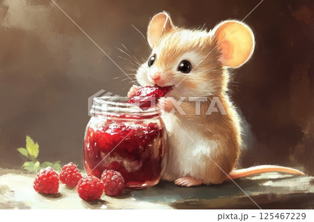 Cute mouse enjoys raspberry jam from a small jar with fresh raspberries nearby in a warm, cozy setting during the afternoon 125467229