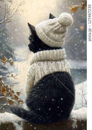Black cat wearing knitted hat and sweater sits in snowy landscape, observing winter scenery near a calm river at dusk 125467230