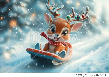 Cheerful animated deer with antlers sledding down a snowy hill while snowflakes fall in a winter wonderland 125467231
