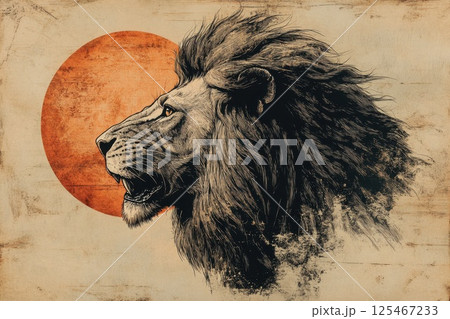 Majestic lion silhouette against a warm orange sunset in a textured art style capturing the wild spirit of nature 125467233