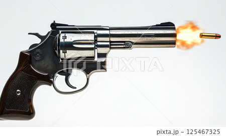 Revolver firing a bullet, captured in action with visible flame and energy at the moment of discharge 125467325
