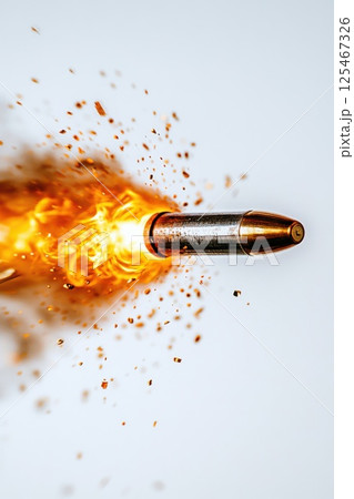 Bullet in rapid motion ejecting sparks and fragments while being fired from a firearm in a neutral background capturing the essence of speed and force in action 125467326