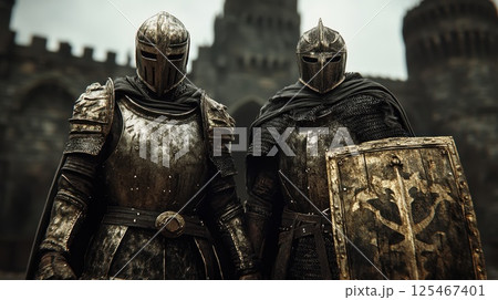 Knights in armor prepare for battle in a medieval castle against a cloudy backdrop during dusk 125467401