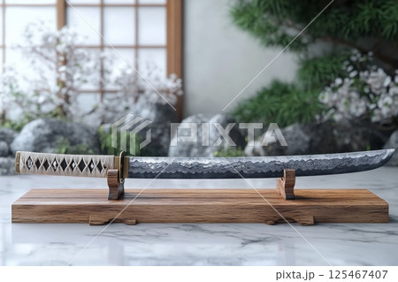 Handcrafted traditional katana displayed on wooden stand in serene Japanese garden setting with stone and foliage 125467407