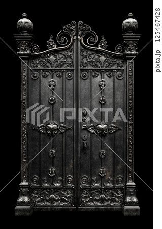 Ornately designed black wrought iron gate with intricate detailing stands against a dark backdrop, symbolizing elegance and mystery in architectural design 125467428