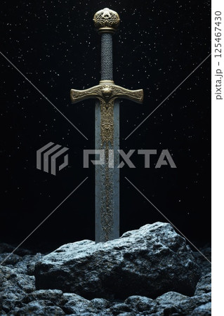 Ancient sword embedded in rocky pedestal surrounded by a starry night sky showcasing a mythical atmosphere with mythical significance 125467430