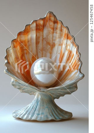 Beautiful seashell with a delicate pearl captured in intricate detail showcasing natural colors and patterns against a neutral background 125467458