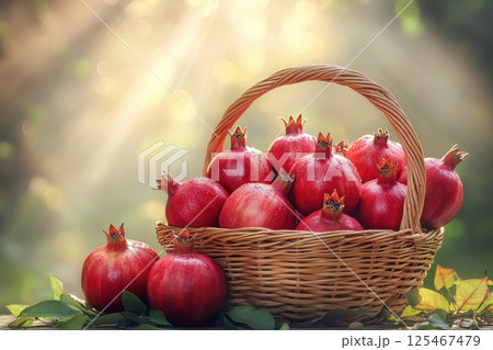 Freshly gathered pomegranates displayed in a woven basket under soft sunlight with a natural backdrop of greenery in an outdoor setting Freshly gathered pomegranates displayed in a woven basket under soft sunlight with a natural backdrop of greenery in an outdoor setting 125467479
