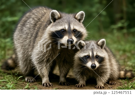 アライグマの親子　油彩画 アライグマ親子のイラスト素材 [125467551] - PIXTA