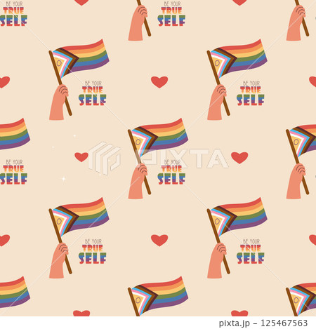 Seamless Pattern Hand with Progress Pride Flag. LGBT rainbow symbol on light beige Background with heart. Symbol of LGBTQ pride community. Holiday backdrop. Vector illustration Seamless Pattern Hand with Progress Pride Flag. LGBT rainbow symbol on light beige Background with heart. Symbol of LGBTQ pride community. Holiday backdrop. Vector illustration 125467563