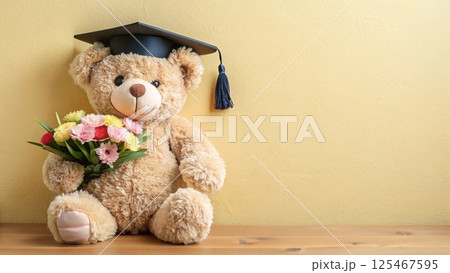 Cute teddy bear wearing a graduation cap  holding a bouquet of flowers  Empty space Minimal  Background 125467595