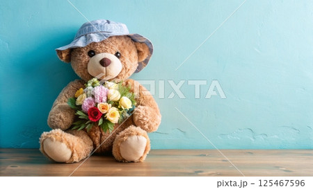 Cute teddy bear wearing a graduation cap  holding a bouquet of flowers  Empty space Minimal  Background 125467596