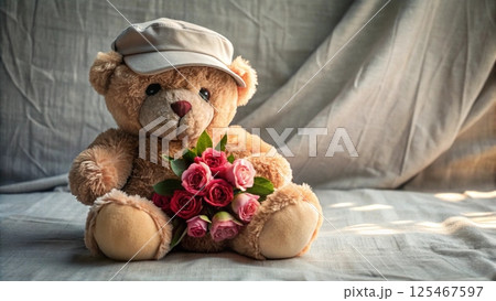 Cute teddy bear wearing a graduation cap  holding a bouquet of flowers  Empty space Minimal  Background 125467597