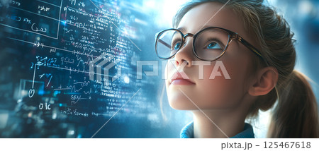 A smart girl deep in thought as she contemplates a challenging scientific problem. The concept of intelligence, curiosity, and critical thinking. Generative AI. 125467618