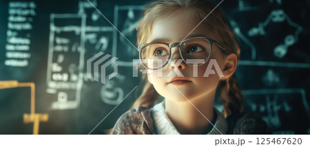 A smart girl deep in thought as she contemplates a challenging scientific problem. The concept of intelligence, curiosity, and critical thinking. Generative AI. A smart girl deep in thought as she contemplates a challenging scientific problem. The concept of intelligence, curiosity, and critical thinking. Generative AI. 125467620