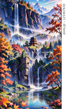 紅葉に彩られた滝 125467630