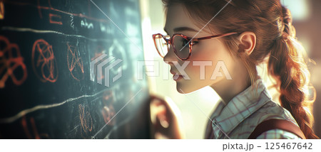 A smart girl deep in thought as she contemplates a challenging scientific problem. The concept of intelligence, curiosity, and critical thinking. Generative AI. 125467642