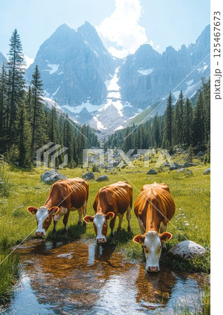 Cows drinking from a stream in a lush green valley surrounded by towering mountains and clear blue skies Cows drinking from a stream in a lush green valley surrounded by towering mountains and clear blue skies 125467673