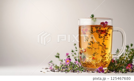 Herbal tea infused with vibrant flowers rests next to an array of fresh herbs on a clean surface, capturing a serene moment that highlights nature's beauty and flavors 125467680