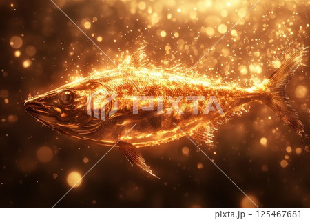 Golden fish swims gracefully through radiant waters illuminated by sun rays creating a mesmerizing underwater atmosphere 125467681