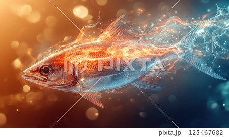 Vibrant fish swimming through a colorful underwater environment with glowing light effects at dusk 125467682