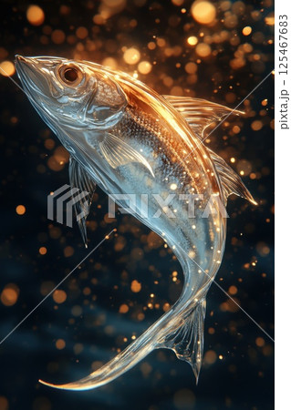Luminescent fish gliding through shimmering water with golden particles in a magical underwater environment at dusk 125467683